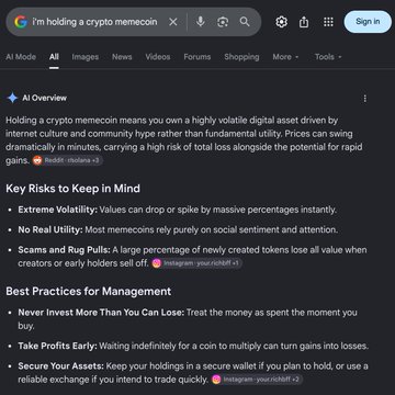 A Google search for "i'm holding a crypto memecoin" returns an AI Overview warning that holding a memecoin means owning a highly volatile digital asset driven by internet culture, with extreme volatility, no real utility, and high scam risk, advising to never invest more than you can lose and to take profits early. The image humorously reinforces the post's contrast by showing Google cautioning against memecoin hype while implying a search for fundamental coins would likely yield far less dramatic warning language.