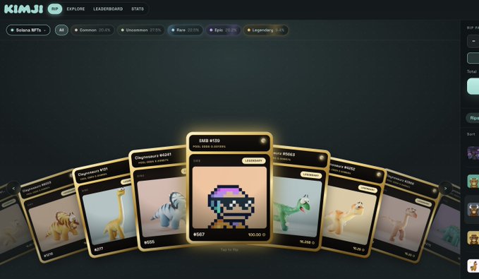 A Kimji NFT marketplace interface showing various digital collectible cards with rarity filters like 'Solana 97%' and categories such as 'Common' and 'Uncommon'.