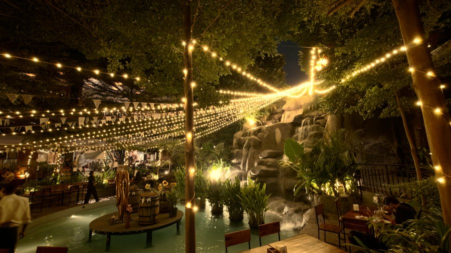 An outdoor nighttime venue is beautifully decorated with strings of warm white lights draped across trees and overhead, featuring a rocky waterfall centerpiece and lush tropical greenery.