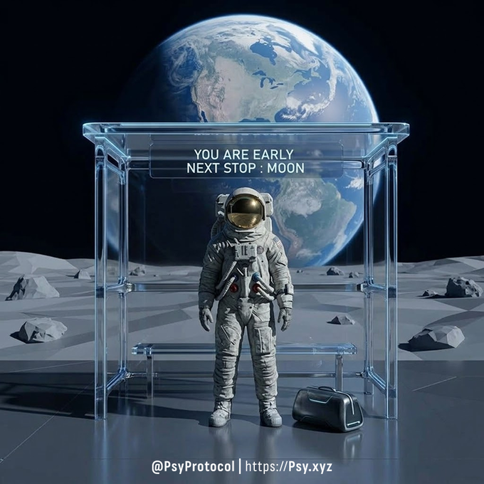 A 3D-rendered astronaut stands inside a transparent bus stop shelter on a moon-like surface with Earth in the background; the shelter's digital sign reads "YOU ARE EARLY NEXT STOP : MOON," with "@PsyProtocol | https://Psy.xyz" at the bottom.