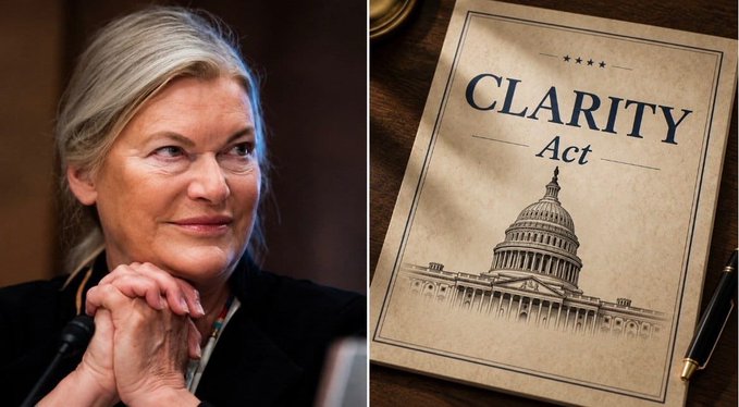 The image shows Senator Lummis alongside a document titled "CLARITY Act" featuring an illustration of the U.S. Capitol, visually tying the senator to the legislation mentioned in the post about the upcoming Senate vote.