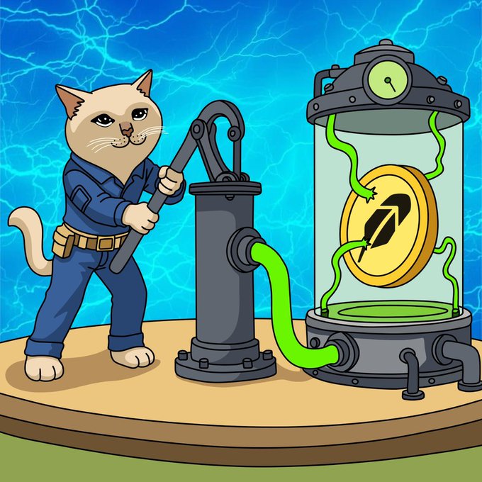 A cartoon cat in a blue jumpsuit operates an industrial pump connected to a transparent tank containing a glowing golden "$C" token, symbolizing the financial "pumps" generating massive value. The meme visually represents $CASHCAT as the engine powering cryptocurrency price surges toward its $250M ATH.