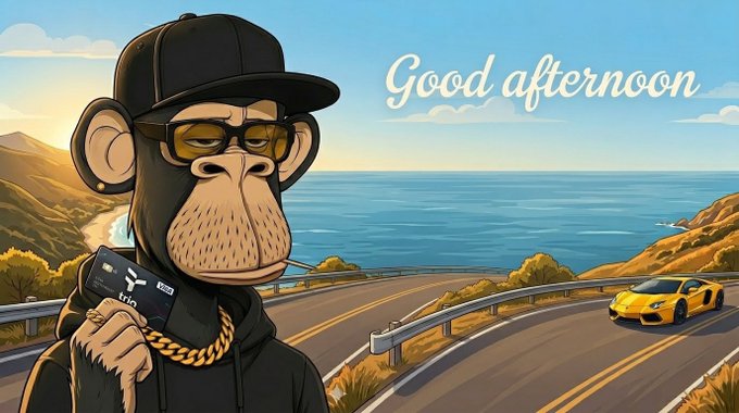 The image features a cartoon monkey wearing sunglasses, holding a credit card with "Good afternoon All Tria" written on it. The monkey appears to be standing near a road where a yellow car can be seen driving by. The background of the image is filled with mountains and water, creating an overall scenic view that complements the theme of the post.