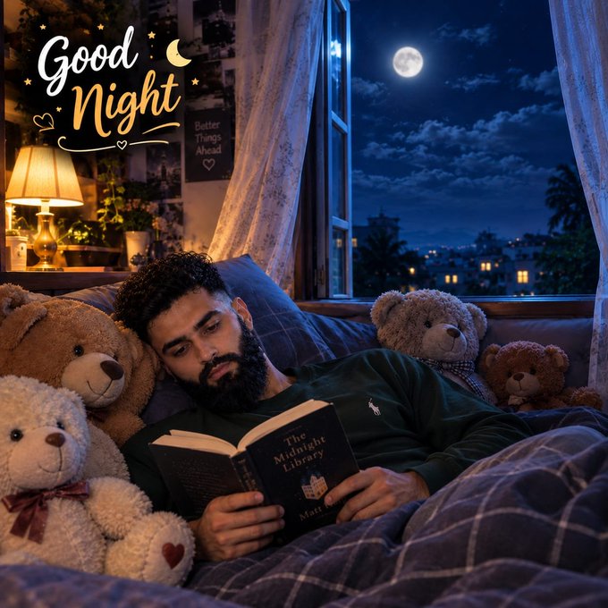 An illustrated scene shows a bearded man reading a book titled 'The Midnight Library' by Matt Haig, surrounded by teddy bears in bed with a 'Good Night' greeting overlaid.