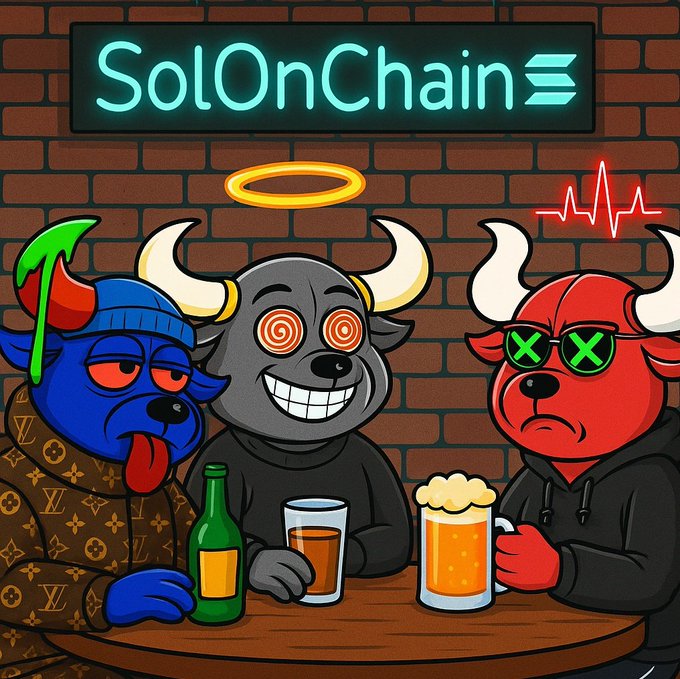 Digital cartoon artwork of three bulls at a bar under a neon sign reading 'SolOnChain' with a Solana logo.