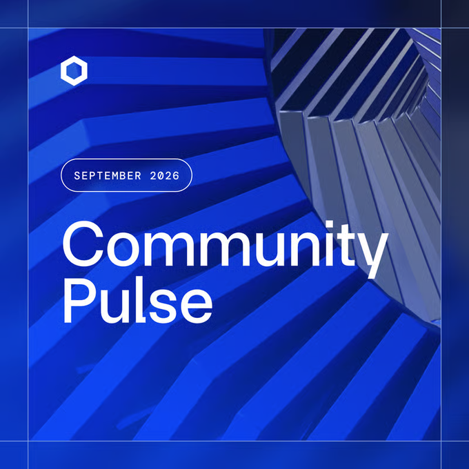 A blue-themed cover graphic titled "Community Pulse" with the date "SEPTEMBER 2026," featuring a hexagonal icon and an abstract image of metallic blue ribbed structures.