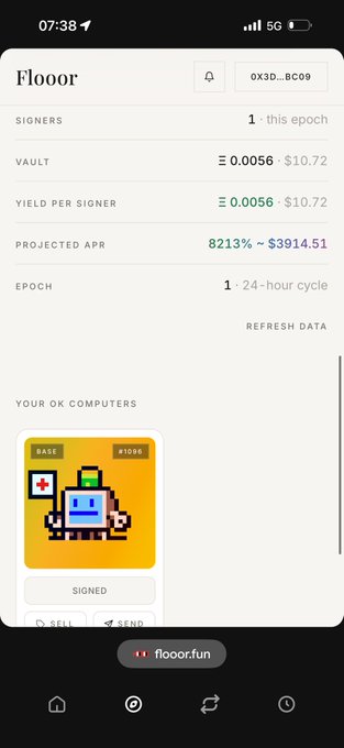 A mobile screenshot of the 'Flooorr' crypto app showing signers, vault value (Ξ0.0056 / $10.72), and a 'YOUR OK COMPUTERS' section featuring a pixel art character.