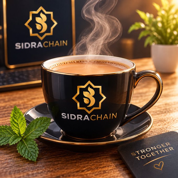 A steaming cup of black coffee featuring the "SIDRACHAIN" gold logo sits on a wooden table beside a laptop, fresh mint leaves, and a coaster reading "STRONGER TOGETHER," symbolizing an energizing start to the day for the #SidraFamily as they pursue KYC completion and continued ecosystem growth.