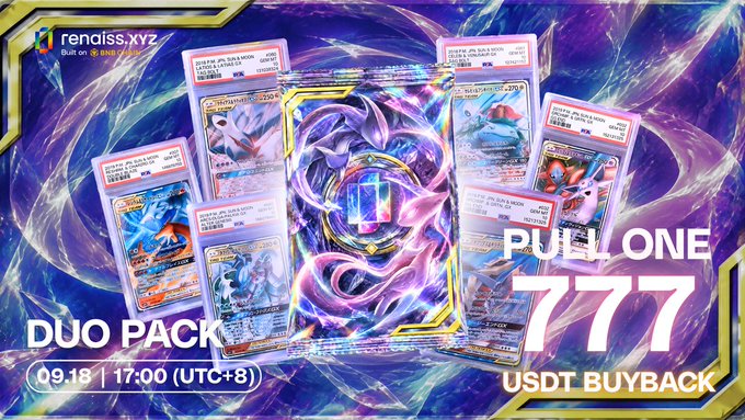 A promotional graphic for Renaiss.xyz advertising a "DUO PACK" Pull One event featuring the Double Fold card, with a buyback price of 777 USDT, taking place on 09.18 at 17:00 (UTC+8). The image shows multiple Pokémon trading cards including Lugia and Tornadus arranged around a glowing purple dragon emblem, highlighting the special themed cards available for high-value redemption as described in the post.