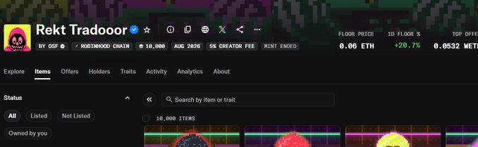 A screenshot of an NFT marketplace page displaying a collection named 'Rekt Tradooor' by OSF, showing a floor price of 0.06 ETH and various item thumbnails.