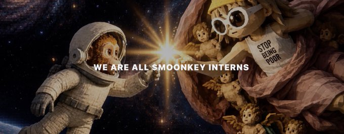 A space-themed banner features a bear in an astronaut suit on the left and cherubs gathered around a large rock on the right, one wearing a shirt reading "STOP BEING POOR." Centered over a bright starburst is the text "WE ARE ALL SMOONKEY INTERNS," visually framing the $MOONKEY community as celestial explorers as referenced in the post about groundbreaking video content.