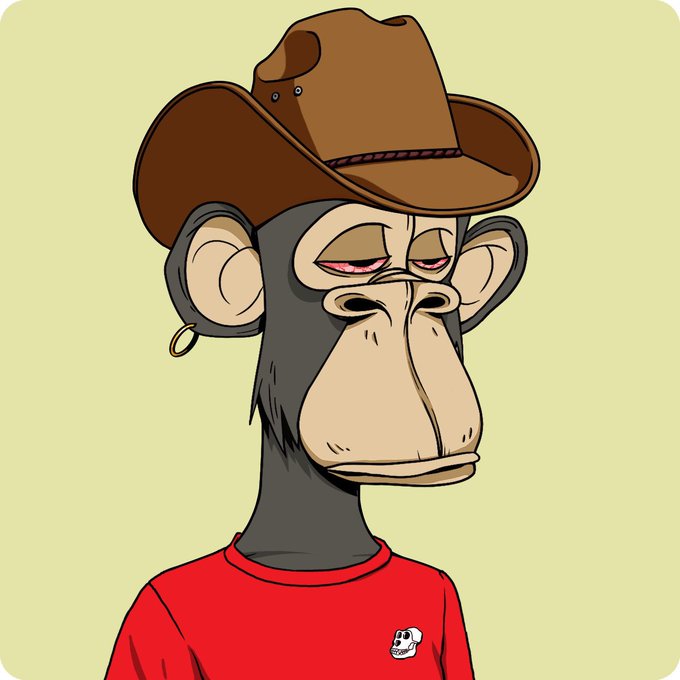 A cartoon illustration of a Bored Ape-style monkey wearing a brown cowboy hat, gold earring, and a red shirt with a small skull logo.