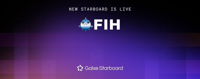 The image features a banner with a graphic design of a shark, which is part of a promotional campaign for a new board game called "FIH". The shark is positioned at the bottom center of the image, surrounded by purple and pink colors that create an interesting visual effect. Below the shark, there's text in white that reads: "New Starboard Is Live! @FIH_USD1 @XOOBNetwork @Dango We're starting to see a shift in Web3 where different projects explore participation-driven systems in their own way". The banner is displayed on a website or social media platform.