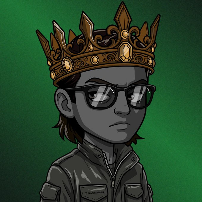 A monochrome cartoon character wearing a large ornate crown with glowing jewels and reflective shades stares stoically ahead against a green background. The text "CHILLIONAIRES" appears on the jacket pocket, tying the royal crown imagery to the post's "Free Mint GTD" announcement for @clubz_fun, suggesting an exclusive, VIP-style drop.