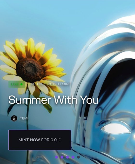 A digital art piece titled 'Summer With You' by TEMI, featuring a yellow sunflower and a reflective silver figure under a blue sky, with a 'MINT NOW FOR 0.01Ξ' button.