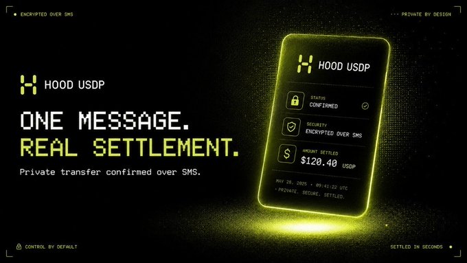 This image promotes "HOOD USDP" with the tagline "ONE MESSAGE. REAL SETTLEMENT." and displays a transaction of $120.40 USDP confirmed over SMS, aligning with the post's mention of private $USDG and ETH payments on Robinhood Chain.