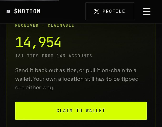A mobile app screen for '$MOTION' showing a 'RECEIVED • CLAIMABLE' balance of '14,954' from '161 TIPS FROM 143 ACCOUNTS', with options to send tips or claim to wallet, and a 'CLAIM TO WALLET' button.