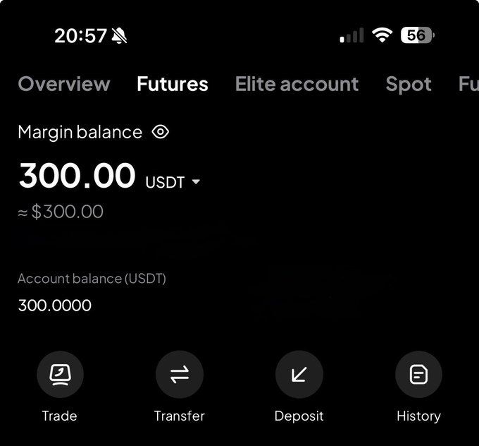 A crypto trading app screenshot showing a Futures account with a 300.00 USDT margin balance and navigation tabs for Trade, Transfer, Deposit, and History.