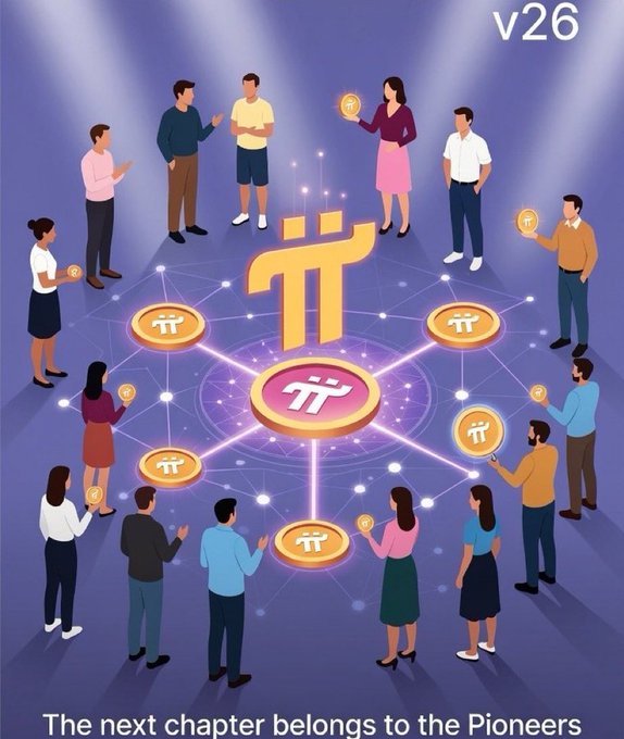An illustration promoting Pi Network v26, featuring a central Pi coin logo surrounded by people holding smaller Pi tokens connected by a network, with the text 'The next chapter belongs to the Pioneers' at the bottom.