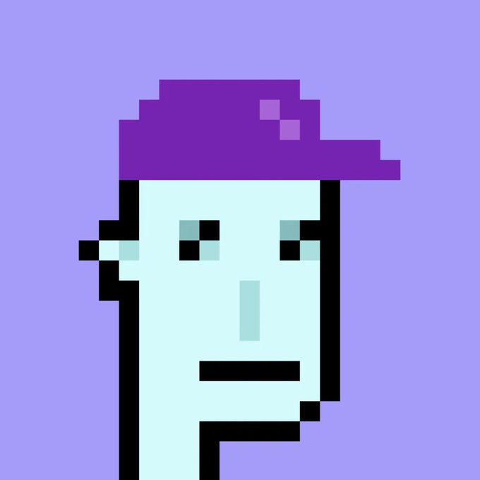 Pixel art illustration of a pale face with a neutral expression wearing a purple cap against a lavender background.