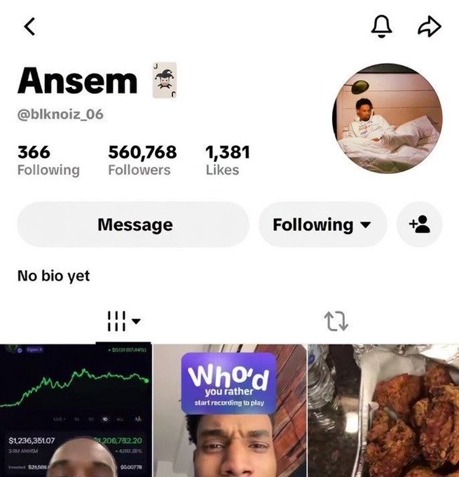 TikTok profile page for 'Ansem' (@blknoiz_06) with 560,768 followers, showing videos related to crypto trading and food content.
