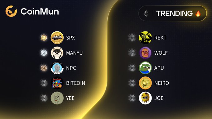 A CoinMun "Trending" leaderboard displays the top 10 Ethereum projects: $SPX, $MANYU, $NPC, $BITCOIN, $YEE, $REKT, $WOLF, $APU, $NEIRO, and $JOE. The image visually ranks these trending tokens alongside their corresponding social media handles, matching the accompanying post perfectly.