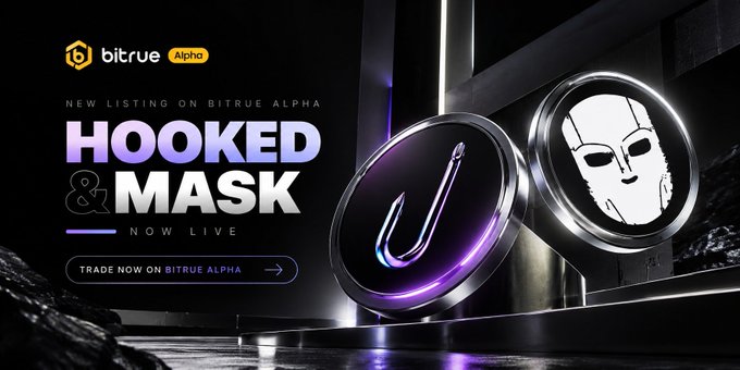 Bitrue Alpha announces new listings of Solana-based tokens $HOOKED (from @Hoookedpad) and $MASK (from @NullMaskio), with the promotional banner displaying "HOOKED & MASK NOW LIVE" alongside their respective logos and a "Trade Now" call-to-action button.