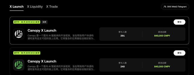 The image shows the OKX Web3 "X Launch" page featuring two Canopy X Launch airdrop events (countdown ending in under 1 hour), with participation counts of 291 and 240 users and reward pools of 840,000 CNPY each. The accompanying post announces another low-threshold OKX Booster airdrop event, directing users to the OKX Web3 boost platform to participate in these time-limited reward opportunities.