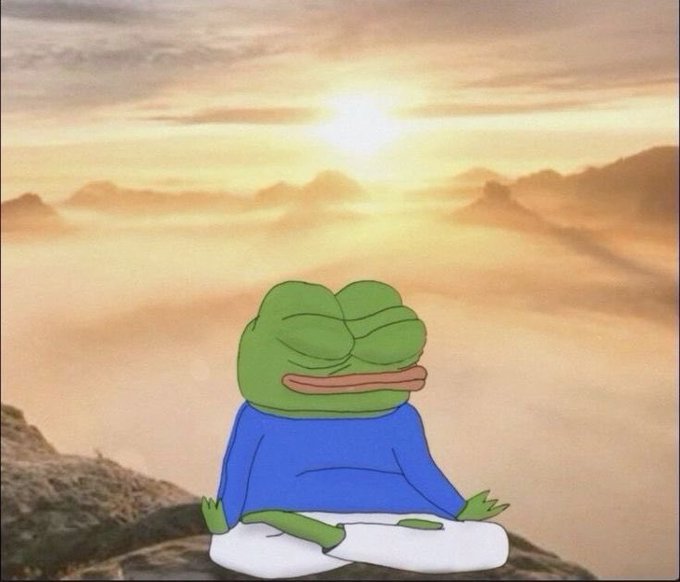 A Pepe the Frog meme showing the cartoon frog meditating in lotus position against a sunset sky over mountains.