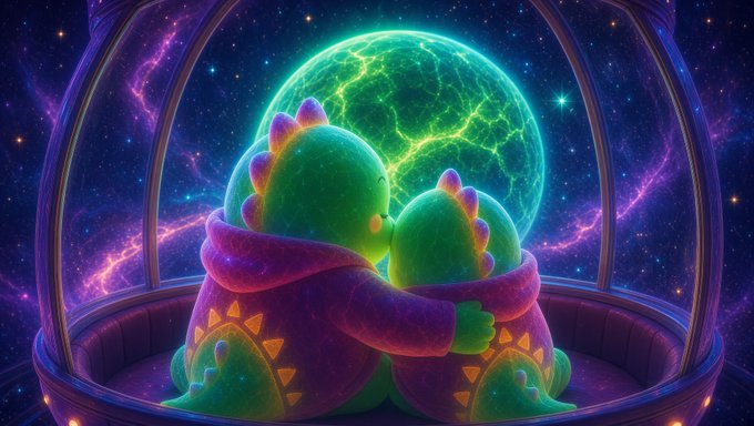 Fantasy digital artwork of two colorful dinosaur-like creatures embracing in a spaceship window seat overlooking a glowing green planet and purple nebula.