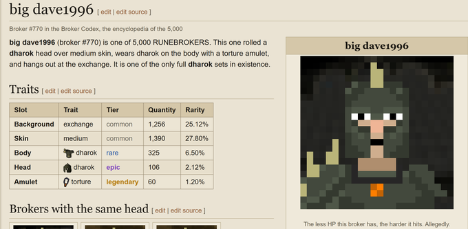 A wiki page for "big dave1996," Broker #770 in the Broker Codex, described as one of 5,000 RUNEBROKERS featuring a dharek body, torture amulet, and medium skin, with trait rarity percentages listed.