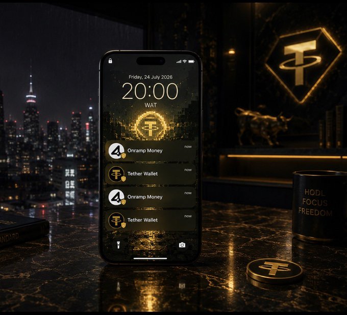 Smartphone lock screen displaying 20:00 WAT on Friday, 24 July 2026, with Tether wallet and Onramp Money notifications, set against a moody cityscape with a Tether-branded mug and coin.