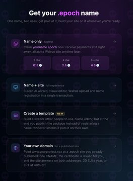 A dark purple user interface screen titled "Get your .epoch name" presents options including "Name only," "Name + site," "Create a template," and "Your own domain," with character counts and pricing details.