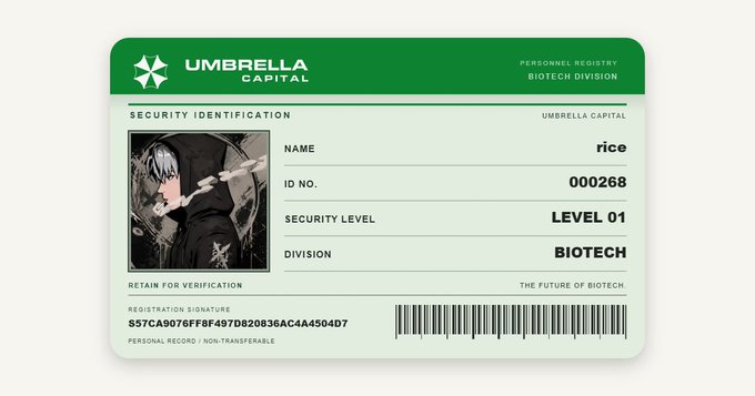 A green and white "UMBRELLA CAPITAL" security identification card displays the name "rice", ID "000268", Security Level "LEVEL 01", and Division "BIOTECH", with an anime-style portrait and a barcode.