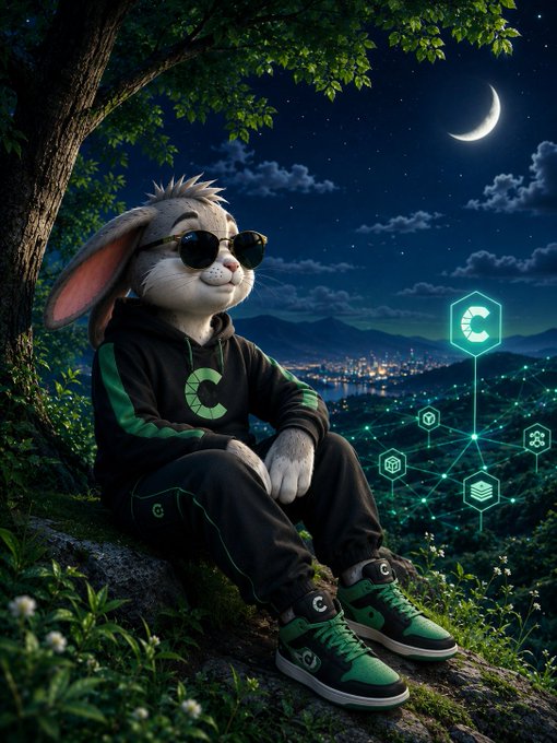A digitally rendered anthropomorphic rabbit wearing sunglasses, a black and green tracksuit with a 'C' logo, and matching sneakers sits on a mossy rock at night under a crescent moon, with holographic blockchain network icons floating nearby.