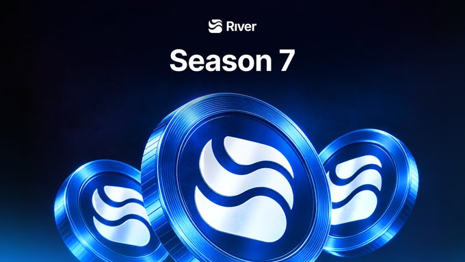 A promotional graphic displays the 'River' logo with text reading 'Season 7' above three metallic blue coins featuring the River symbol.