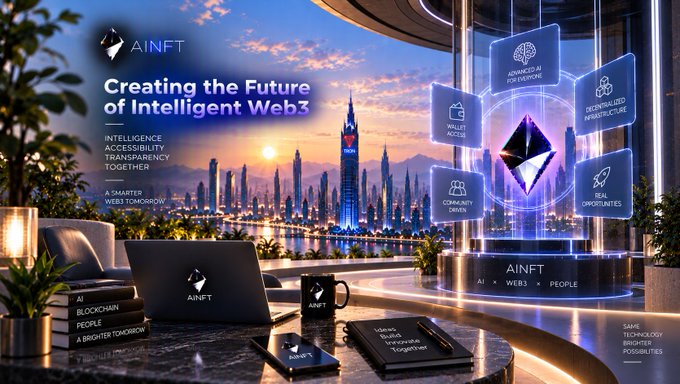 An AINFT promotional graphic titled 'Creating the Future of Intelligent Web3,' depicting a futuristic cityscape with floating tech panels for AI Wallet Access, Decentralized Infrastructure, Community Driven, and Real-World Opportunities.