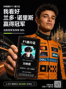 A Chinese-language F1 promotional poster featuring driver Lando Norris in McLaren attire holding an F1通行证 (F1 Pass) card, with text '我看好兰多·诺里斯赢得冠军' (I support Lando Norris to win the championship) and his current championship support rate of 38%.