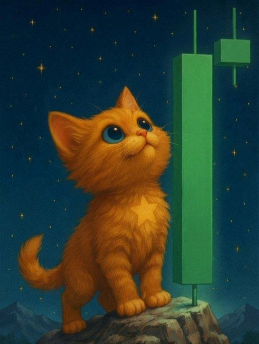 A digital illustration depicts a fluffy orange kitten with a star on its chest sitting on a rock, looking up at a green candlestick chart against a starry night sky.