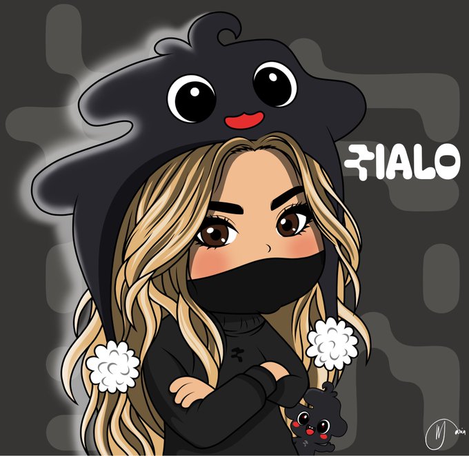 A cartoon illustration of a blonde woman with a black face mask wearing a creature-like hoodie with the 'FIALO' logo visible in the background.