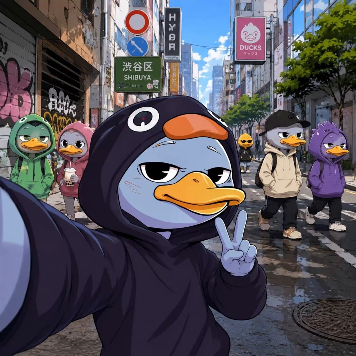 The image features a group of ducks posing for a photo with their heads tilted upwards, giving the impression that they are smiling. The ducks are wearing hoods or jackets, which adds a unique touch to the scene. In the background, there is a street lined with buildings and signs, including one that says "Hera". A person can be seen taking a selfie in front of this backdrop.
