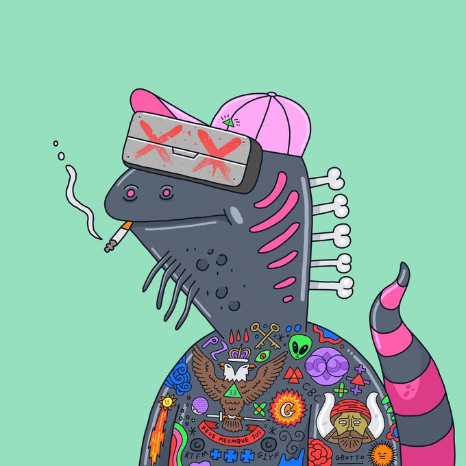 A cartoon illustration of a stylized creature with a gray head, pink and black striped tail, wearing a pink cap and an over-shirt covered in various small designs and symbols, set against a mint green background.