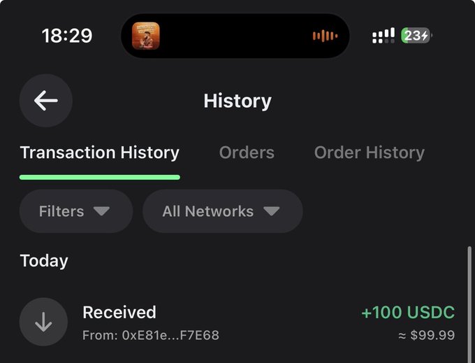 The image shows a crypto wallet's transaction history displaying a received payment of +100 USDC (≈$99.99) today from address 0xE81e...F7E68, confirming the $100 crypto deposit mentioned in the post.