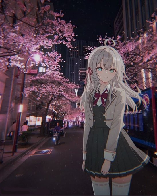 The image features an anime character dressed in a school uniform standing on a city street at night with cherry blossom trees in the background. The character appears to be posing for a photo or drawing attention to something happening nearby, possibly related to the post about @River4fun.
