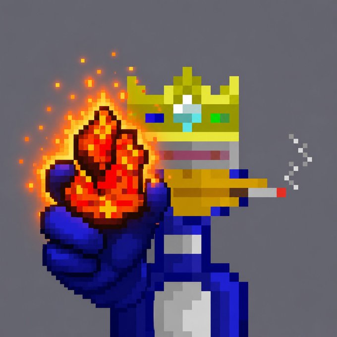 Pixel art illustration of a blue, crowned character smoking a cigarette and holding a flaming heart, with gems embedded in the crown.