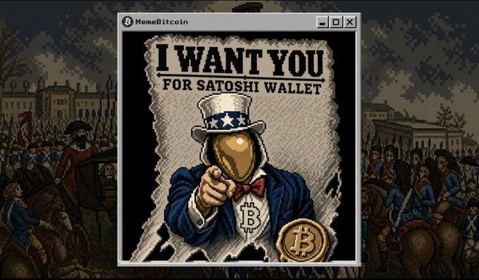A Bitcoin-themed meme styled after the 'I Want You' Uncle Sam recruitment poster, with the text 'I WANT YOU FOR SATOSHI WALLET'.