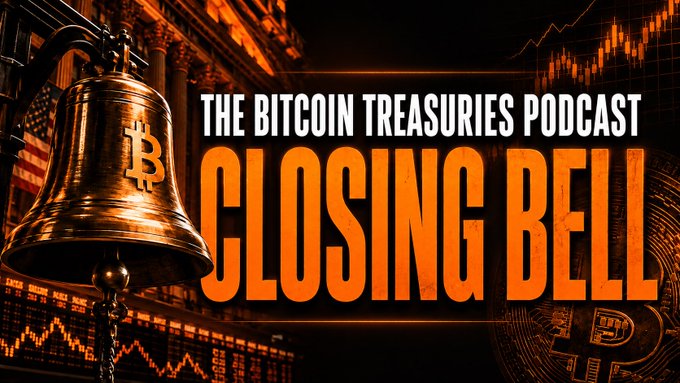 The image is a promotional graphic for "The Bitcoin Treasuries Podcast" featuring the title "Closing Bell" in bold orange and white text, alongside a golden bell engraved with the Bitcoin logo, a candlestick chart, and a Bitcoin coin against a backdrop of the New York Stock Exchange. The graphic aligns with the post's promotion of "The Bitcoin Treasuries Podcast with The Other Parker," using financial imagery like the stock exchange setting and trading charts to evoke market commentary in a podcast format.