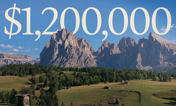 A scenic mountain landscape with alpine meadows, forests, and rustic cabins is overlaid with bold text reading "$1,200,000." The image visually evokes the concept of the "$1,200,000 TVL in Backyard" milestone, symbolizing substantial value growing in a serene, trustworthy setting.