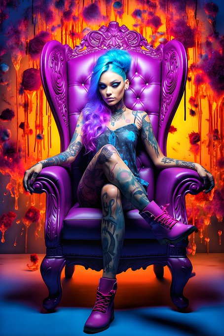 A vibrant digital artwork featuring a woman with bright blue and pink hair, extensive tattoos, and purple boots seated on an ornate purple throne against a dripping red and yellow paint backdrop.