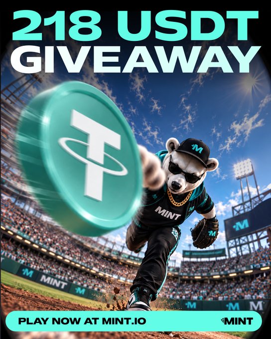 A promotional advertisement for a '218 USDT GIVEAWAY' featuring a cartoon bear mascot in baseball gear pitching a large Tether (USDT) coin in a stadium, with 'PLAY NOW AT MINT.IO' displayed at the bottom.